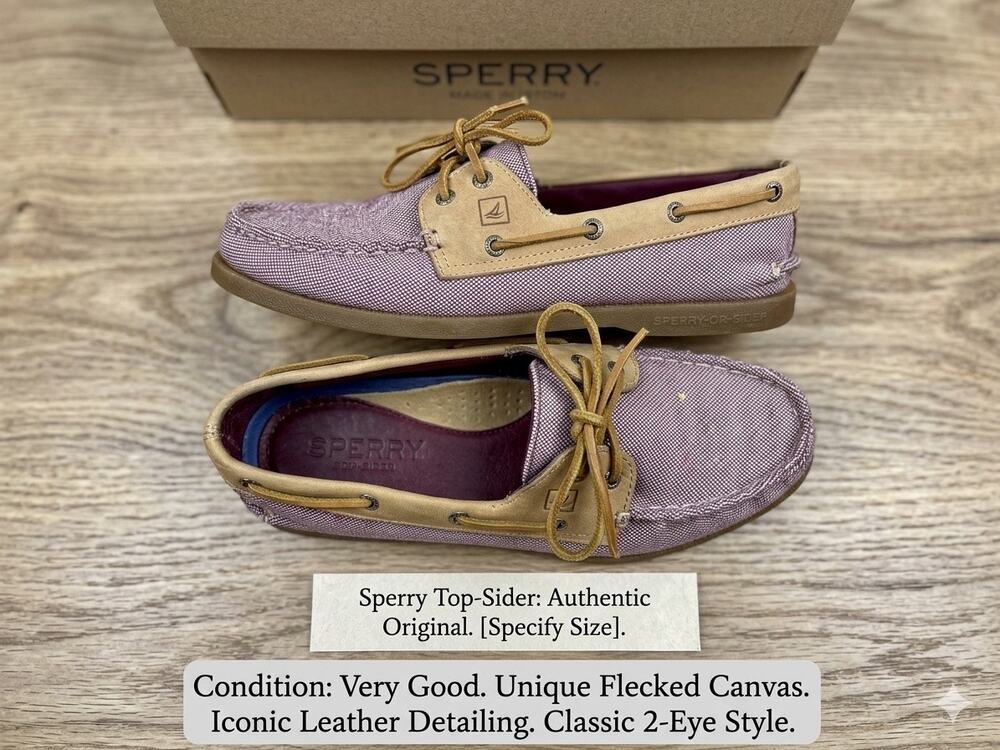 Sperry Authentic Original 2-Eye Fleck Canvas Boat Shoes Tan Purple Loafers 8